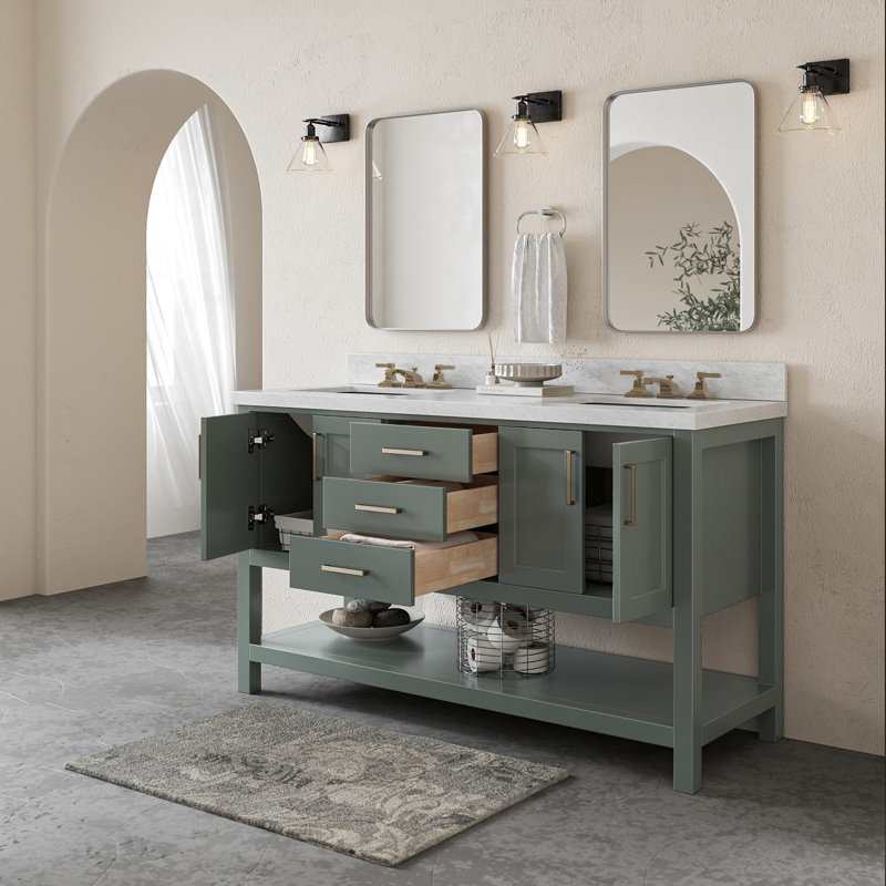 Magnolia Bath Vanity Oval Basin, White Quartz, Rectangle , Vintage Green