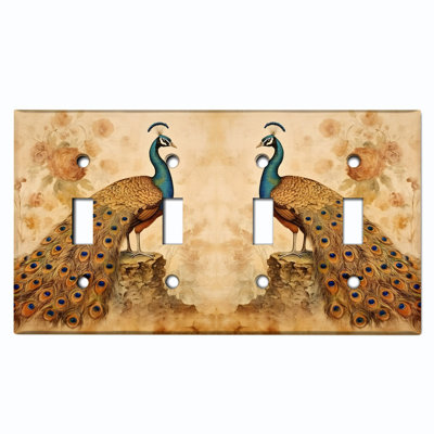 Metal Light Switch Plate Cover; US Standard Size 4 Gang Toggle - Vintage Peacock