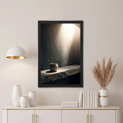 Toile murale beige en céramique avec rebord en pierre et lumière du soleil sur toile grise