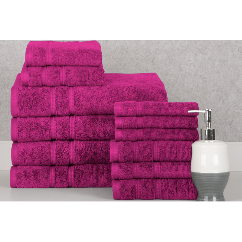 Bibb Home 12 Piece Zero Twist Standard Cotton Towel Set, Raspberry