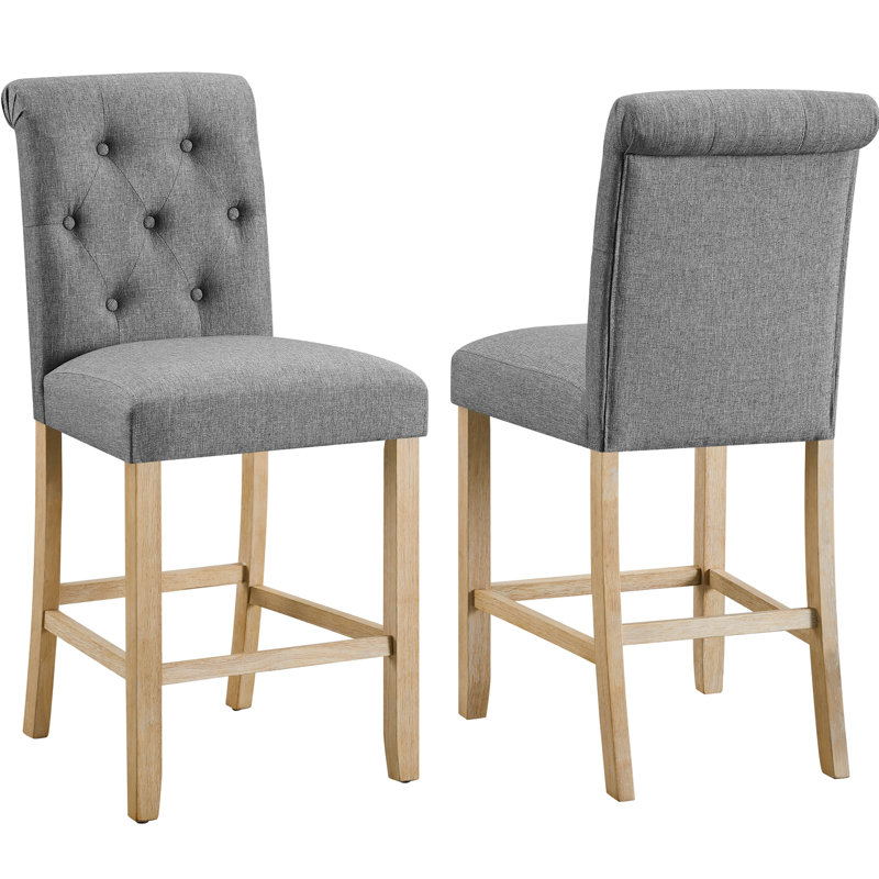2 tabourets à hauteur de comptoir gris - dossier à boutons, bois massif, siège, idéal pour les tabourets de salle à manger, dossier et siège en bois rembourré