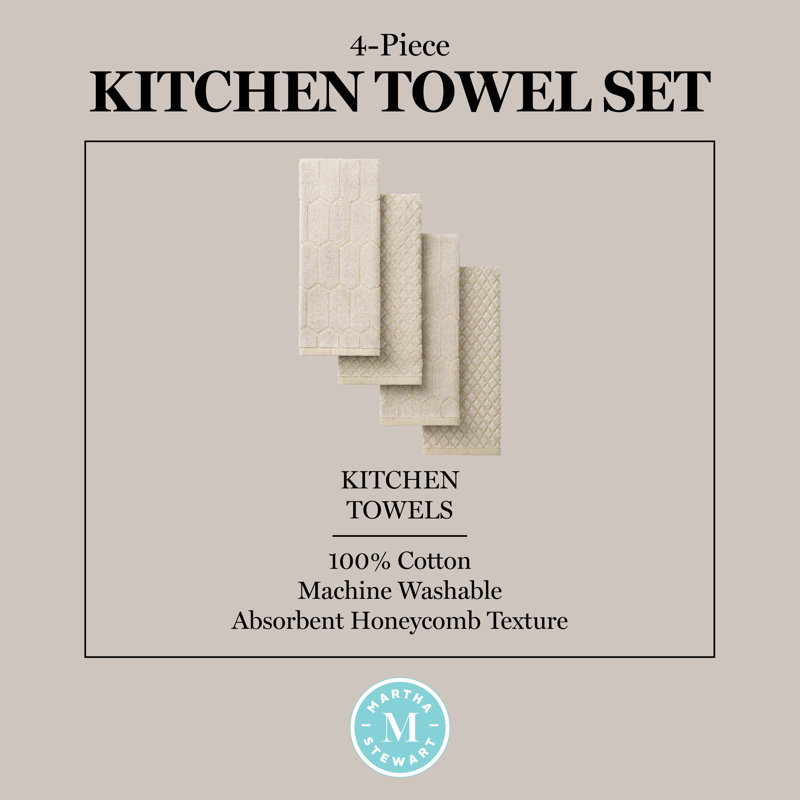 MARTHA STEWART Honeycomb Chambray Textured Kitchen Towel 4-Pack Set Natural 16"x28", Natural