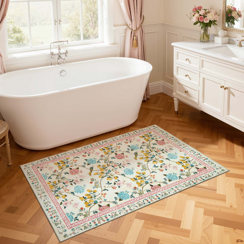 Tapis floral lavable antidérapant Botanical, Beige/Pink, 3'x 5'