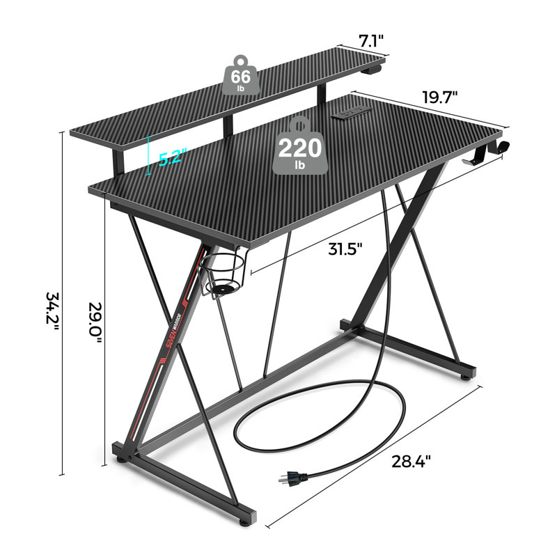 Gaming Desk with LED Lights & Power Outlets, Computer Desk with Monitor Shelf, 34.20" H x 31.50" W x 19.70" D