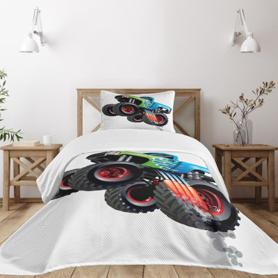 Ambesonne Cars Bedspread Set Monster Truck Cool Cartoon Queen Aqua Green Black -  bed_46048_twin