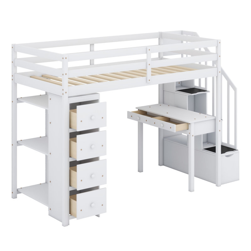 Lit mezzanine avec tiroirs de rangement, bureau et escalier, tablettes, Blanc