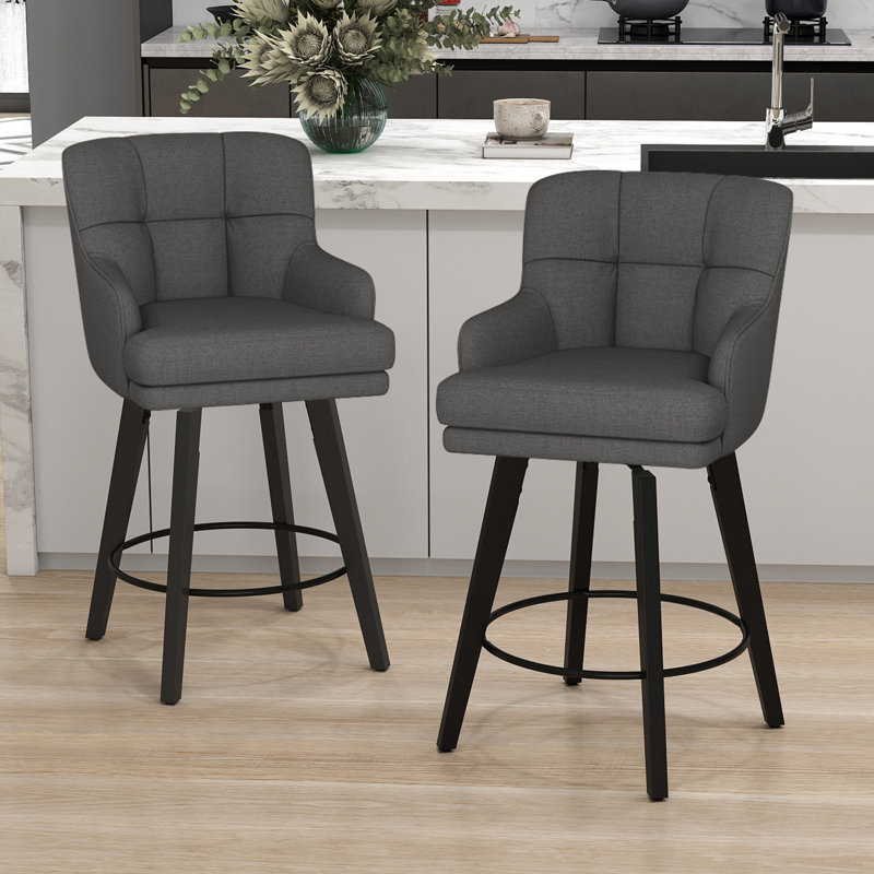 26''H Upholstered 360°Swivel Counter Height Bar Stools, Wood Legs Kitchen Island Chairs, Black Gray Seat/ Black Frame, 2
