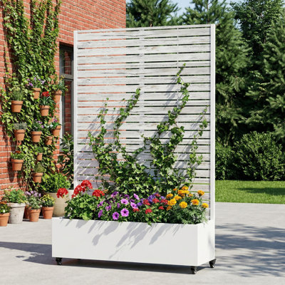 72" H x 47" W x 16" D Outdoor Metal Planter Box with Trellis Decor Raised Garden Bed with Lattice Panel and Wheels for Patio