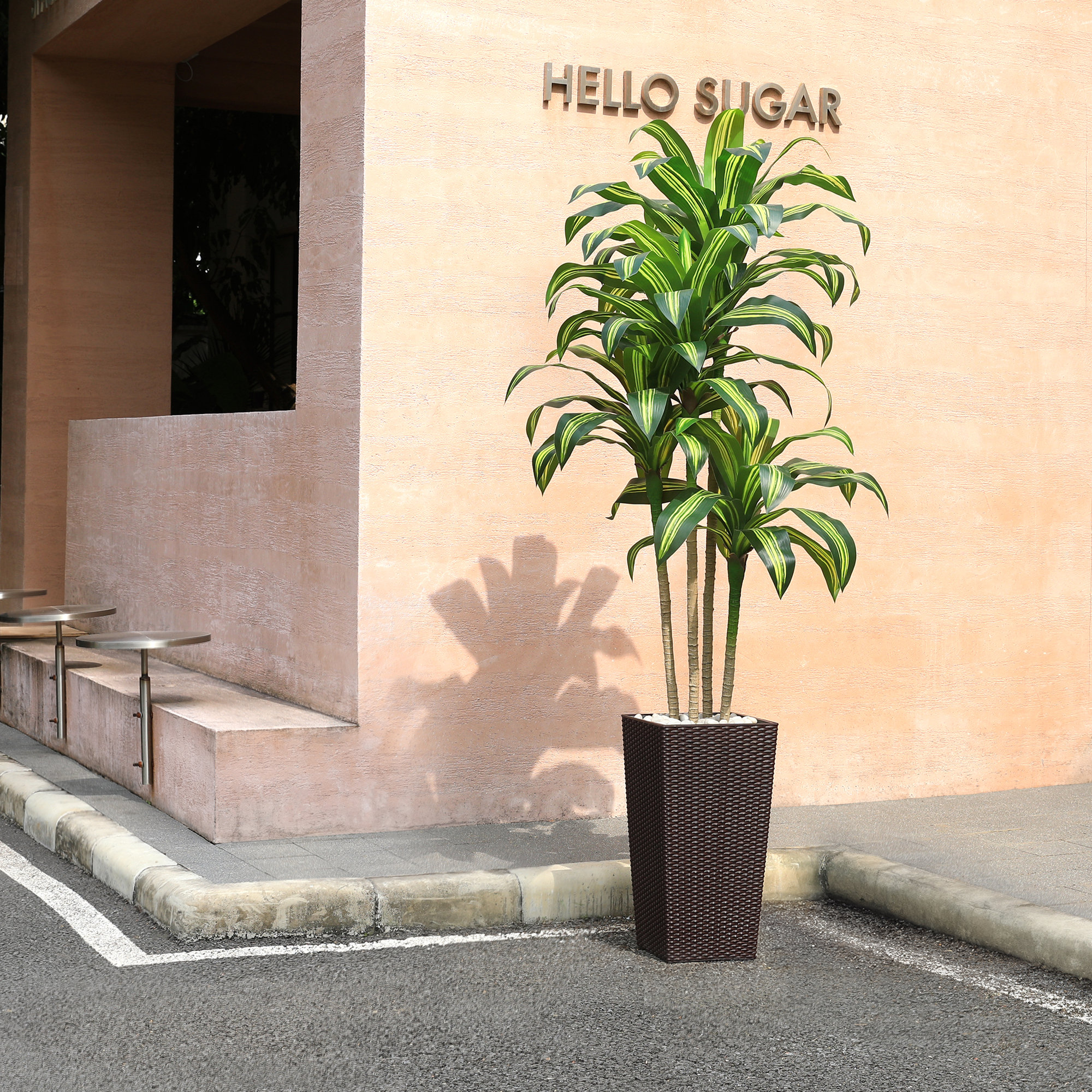 Adcock Artificial Dracaena Tree UV Resistant with Tall Planter, Faux Dracaena Tree for Outdoor, 84" H x 28" W x 28" D, Brown