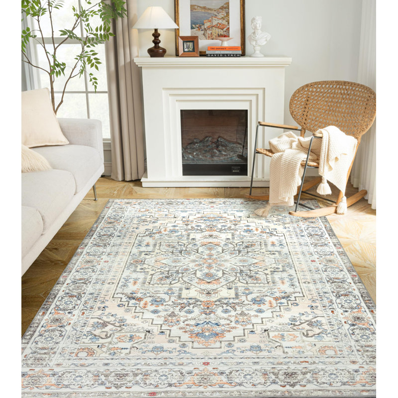 Machine Washable Area Rugs For Living Room Non-Slip Backing Foldable Boho Floral Carpet Rugs, Rectangle 5' x 7'