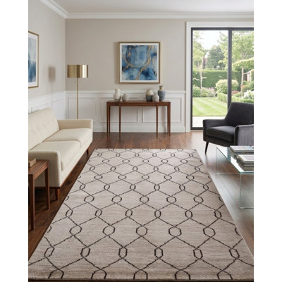 Beige | Black 100% Wool Handmade Geometric Indoor Area Rug Hand Knotted Rectangle