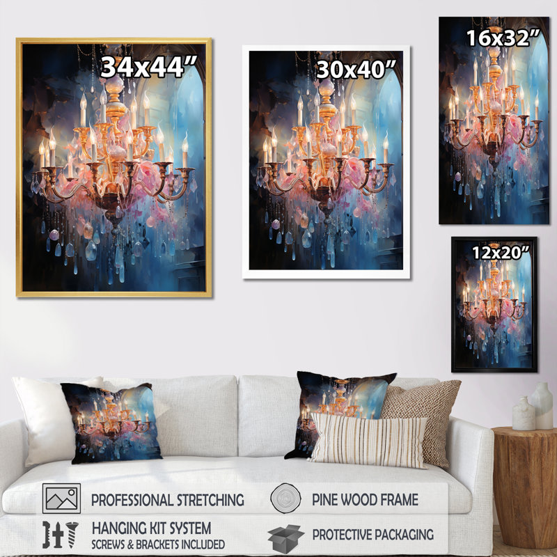 «Chandelier Glimmering Symphony Pointillism II», reproduction sur toile, H 32 po x l 16 po x P 1 po, Cadre flottant noir