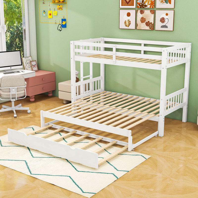 Lit simple superposé en bois avec garde-corps et lit gigogne, Blanc