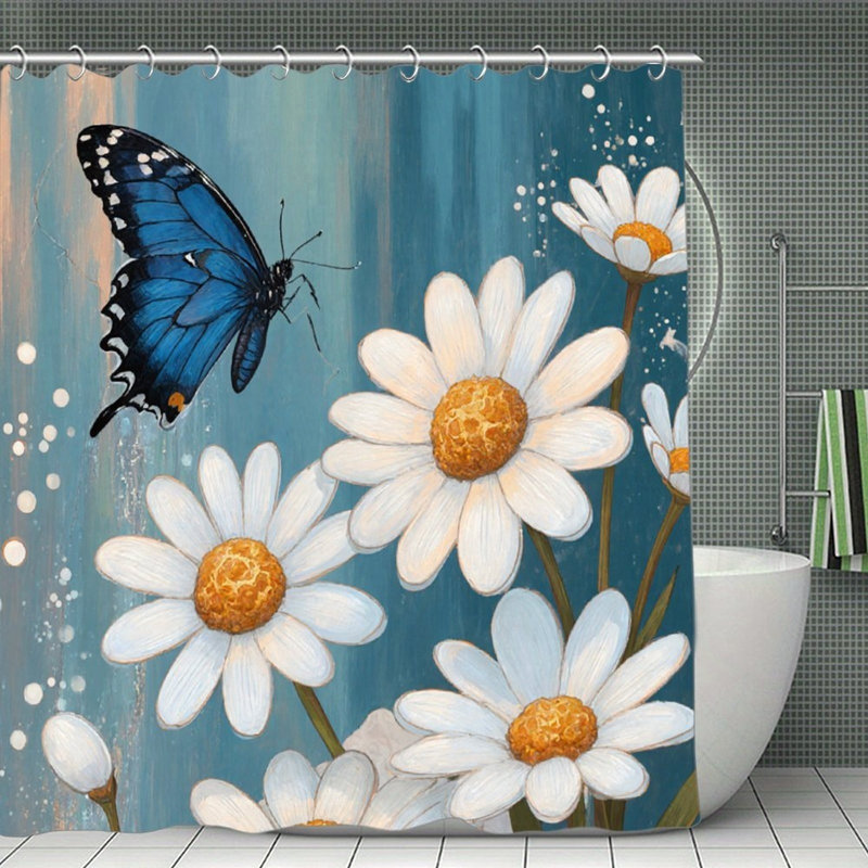 Rideau de douche papillon bleu et marguerites blanches, 71 x 71
