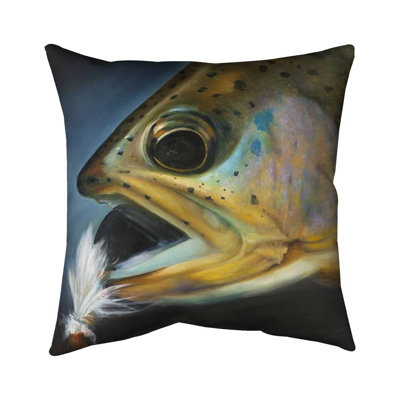 Golden trout with fly fishing flie - 16"x16" Outdoors Throw pillow - Spun poly - Print on demand