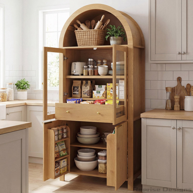 Garde-manger cannelé arqué 71 po avec porte vitrée et tiroir caché 71 po, Chêne
