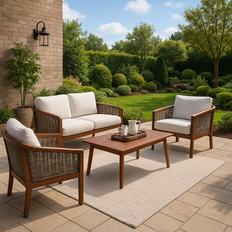 Ensemble de conversation de patio 4 pièces en bois avec coussins et table basse assortie