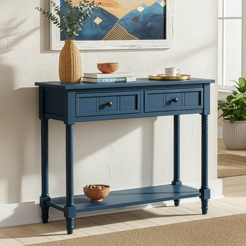 Console avec 2 tiroirs et tablette inférieure, Bleu marine foncé