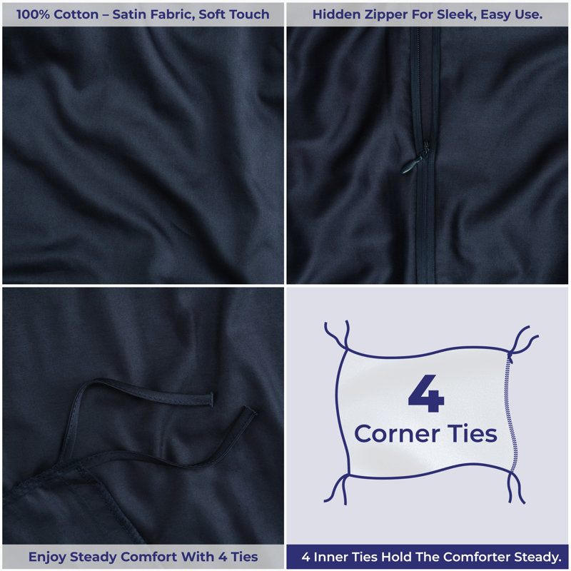 100% Cotton Sateen Weave Solid Duvet Cover Set - Includes 1 Duvet Cover & 2 Pillow Sham Set, Navy