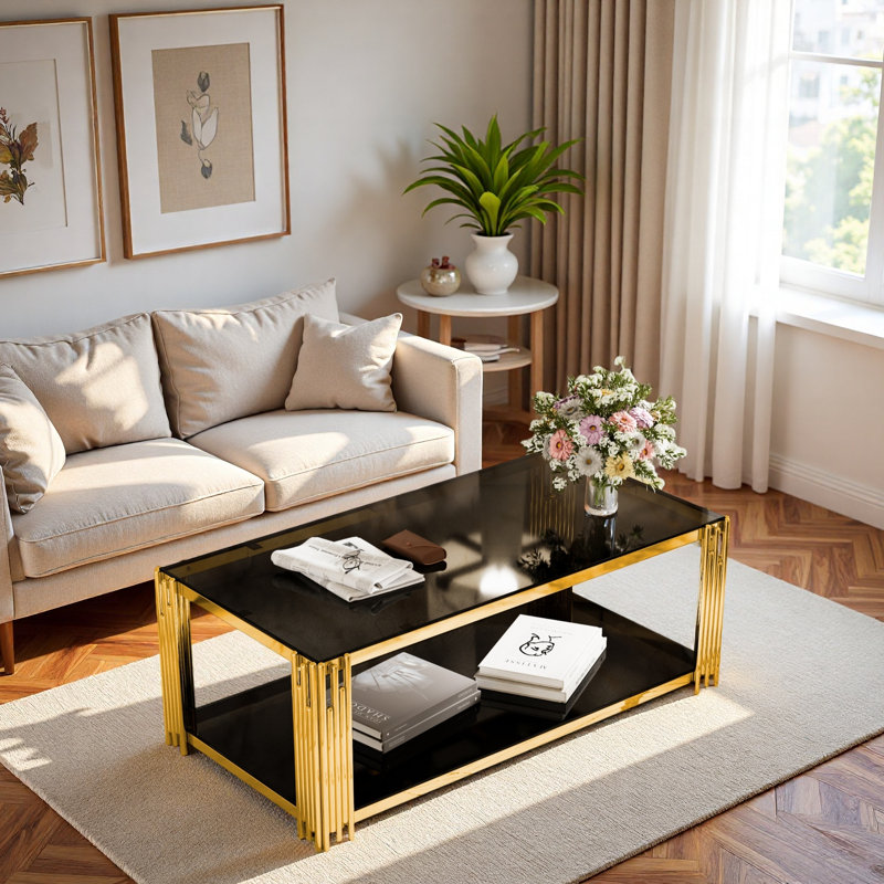 Table basse moderne moderne avec plateau en verre trempé, tablette inférieure et structure en métal asymétrique, Noir