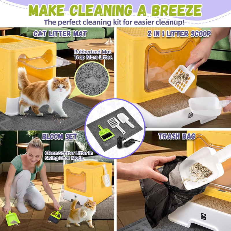 Bac à litière pour chat avec couvercle pliable, pot à litière avec tiroir, très grand couvercle avec tapis, entrée et sortie sans chat / à sens unique, contrôle des odeurs, anti-éclaboussures, nettoyage facile (jaune)