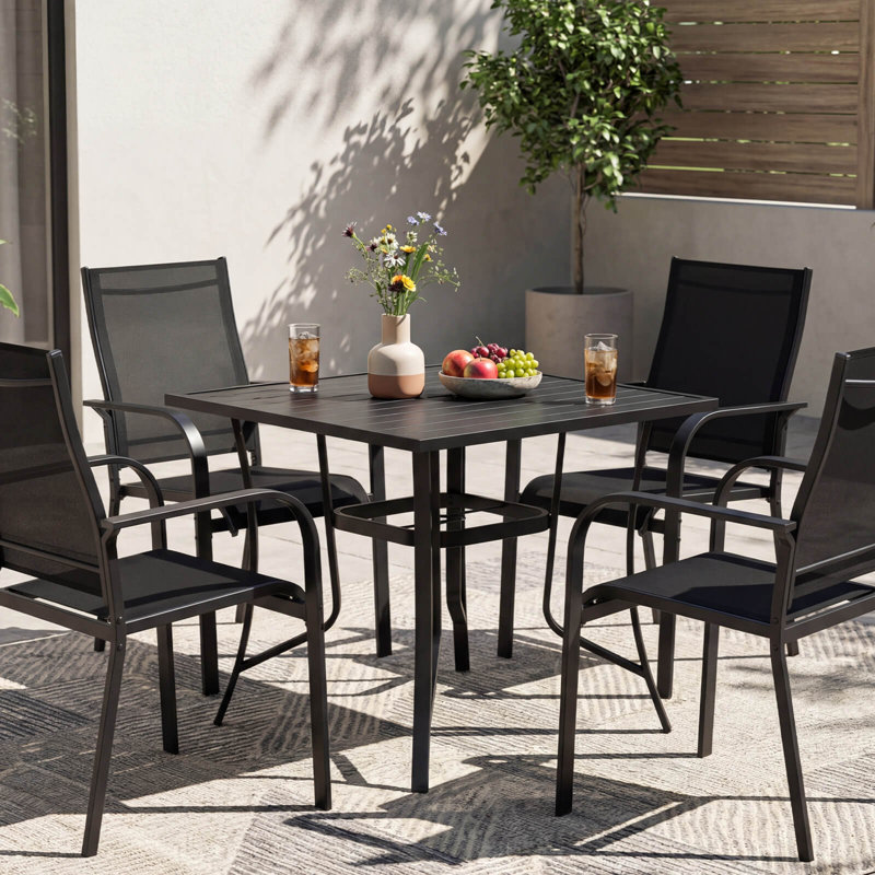 Square Patio Table for 4, Outdoor Metal Dining Table w/Umbrella Hole for Porch