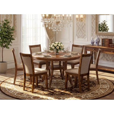 7-Pc Kitchen Table Set consists of a Pedestal Breakfast Table and 6 Light Tan Linen Fabric Chairs with Padded Back- Antique Walnut