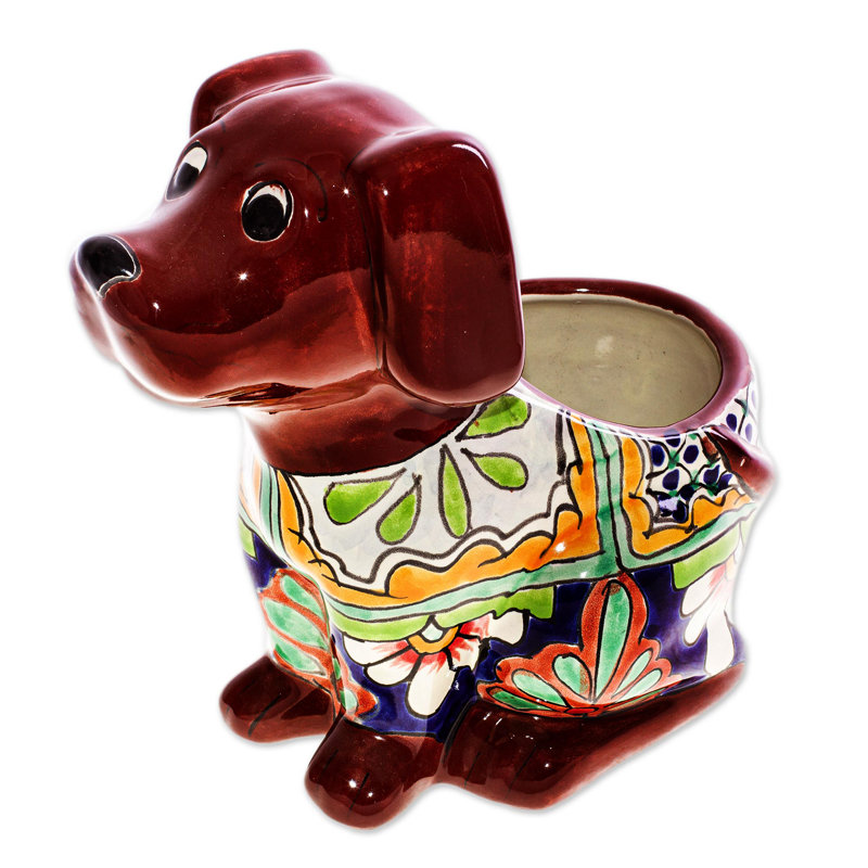 Colorful Talavera Style Ceramic Dog Planter