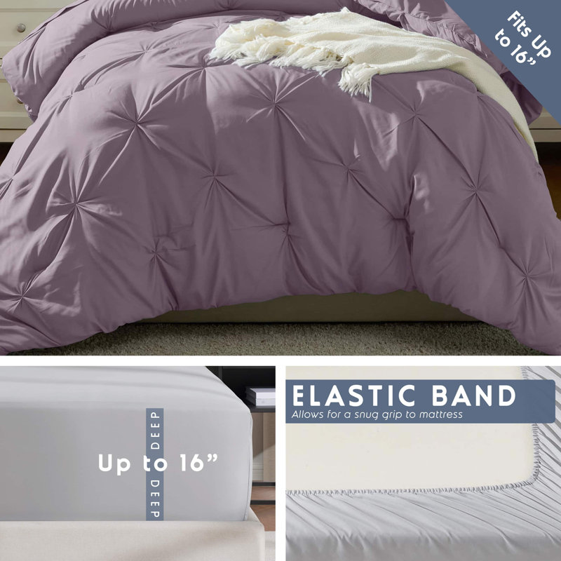 Bed-in-a-Bag Pinch Pleat Comforter Set with Bed Sheets & Memory Foam Cooling Pillows, Grayish Purple