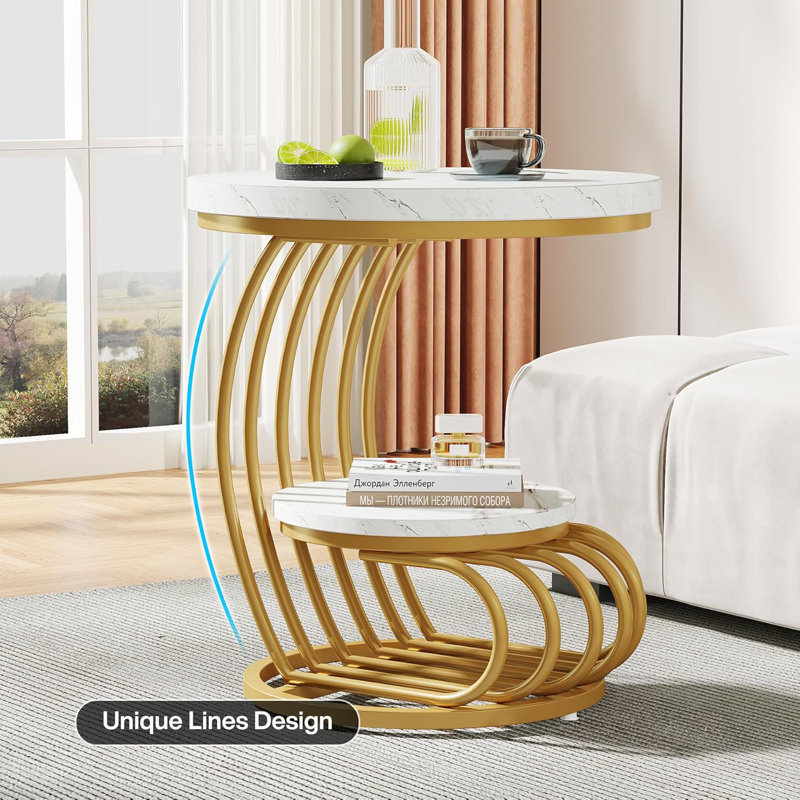 Gold and White Faux Marble Round End Table with Storage Shelf