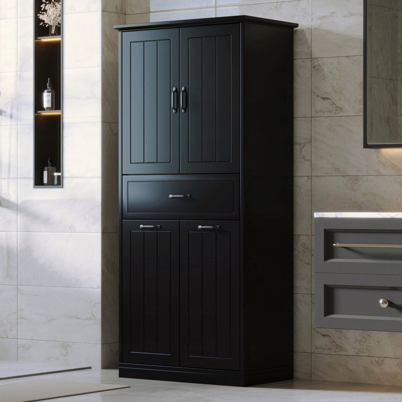 Armoire de rangement pour salle de bain avec deux paniers à linge, armoire de rangement avec portes et tiroir pour la maison, noir