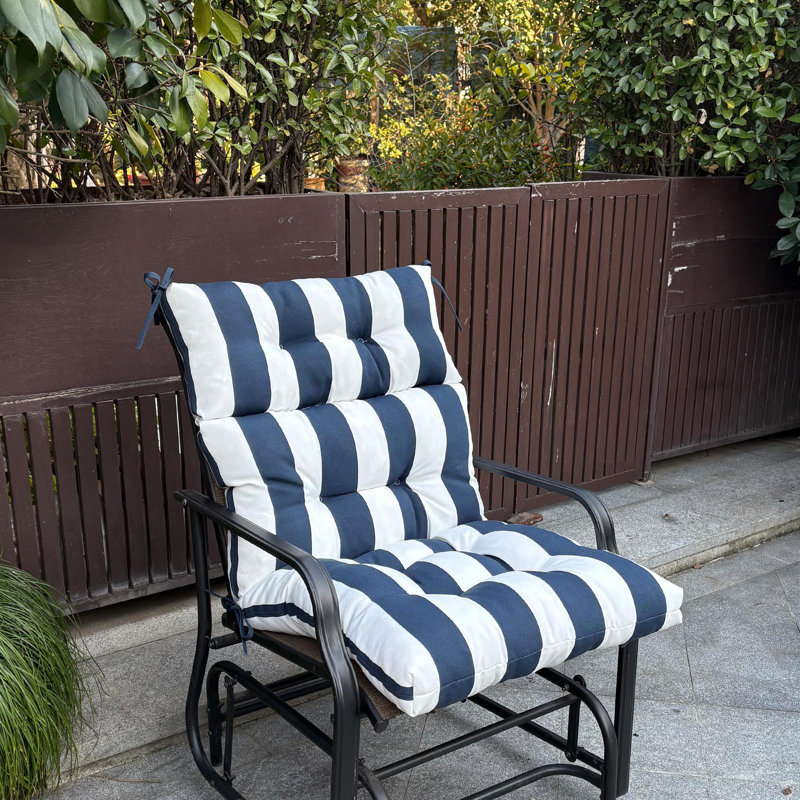2-Piece High Back Patio Chair Cushion with Tufted Design (Cushion Only), Blue Striped