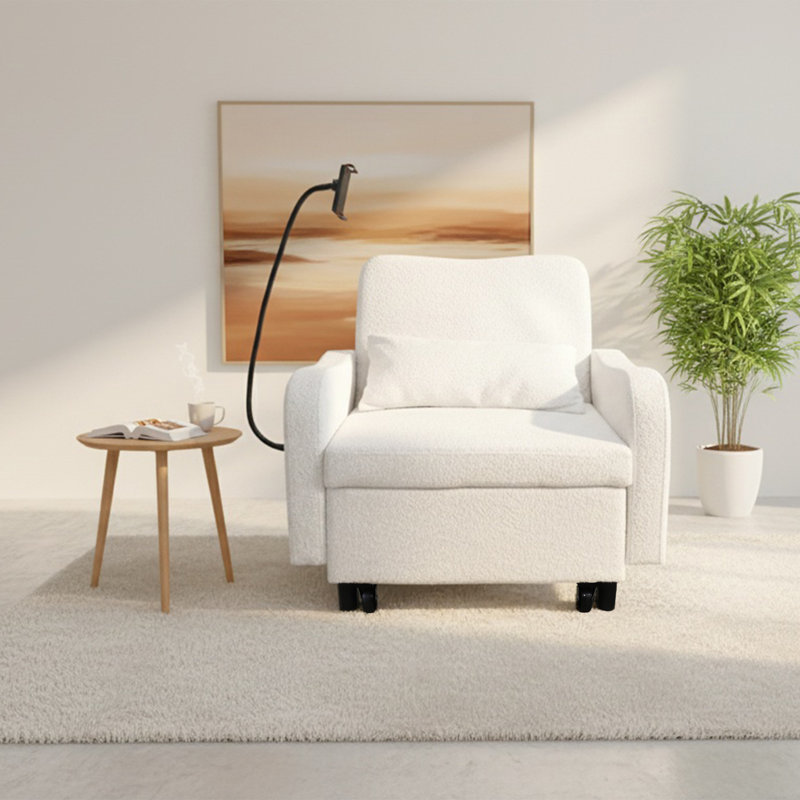 Single Sofa With Cup Tray & Adjustable Backrest, Accent Arm Chair For Living Rooms, Bedrooms And Offices, Beige, Beige