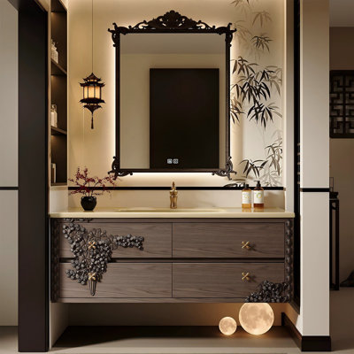 Meuble-lavabo de salle de bain de style milieu du siècle en bois d'hévéa avec lavabo intégré en céramique et miroir intelligent
