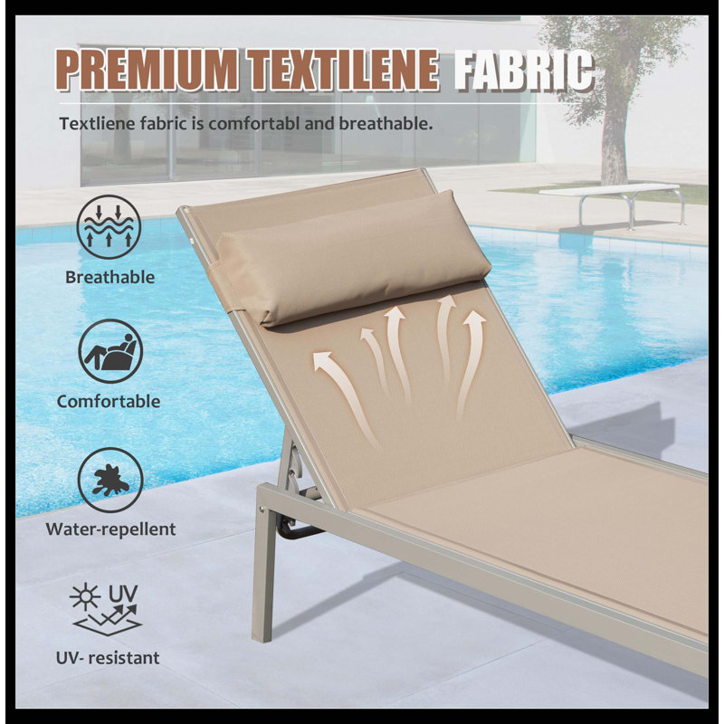 Patio Chaise Lounge Set Of 3, Sturdy Aluminum Pool Lounge Chairs With Convenient Side Table, Outdoor Adjustable Recliners With All-Weather Construction For Poolside, Beach, Yard & Balcony (Khaki)