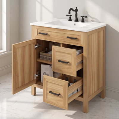 Meuble-lavabo simple Aven de 76 cm (30 po) en chêne chaud avec comptoir en céramique blanche, portes de style Shaker et rangement à fermeture amortie