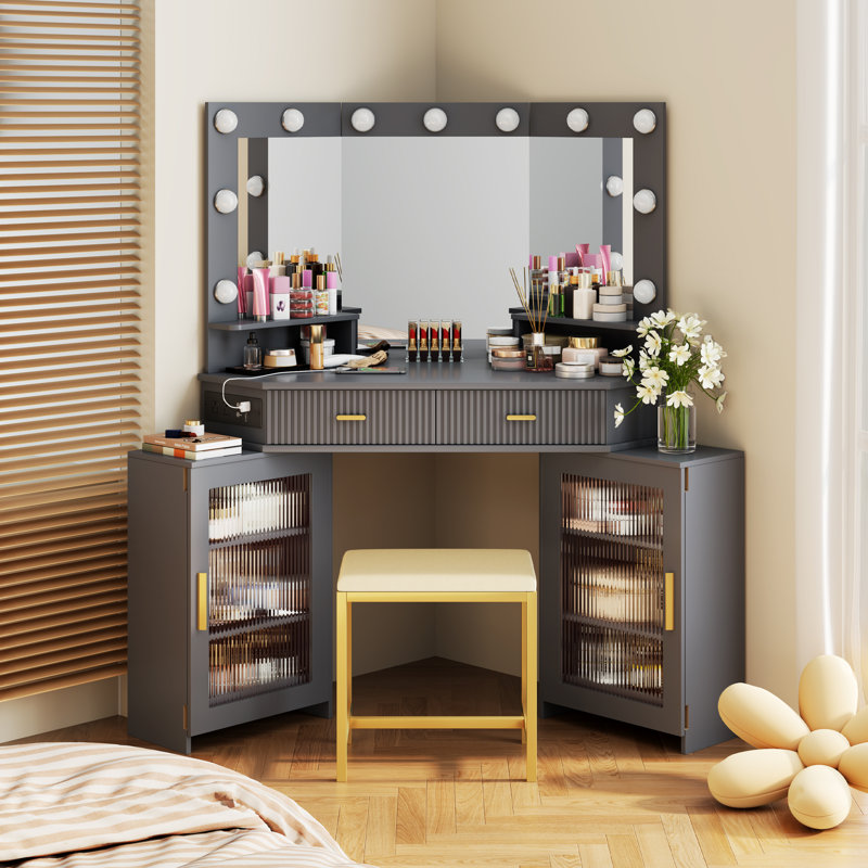 Ensemble de coiffeuse de maquillage moderne avec miroir et armoires Modern Corner, Gris