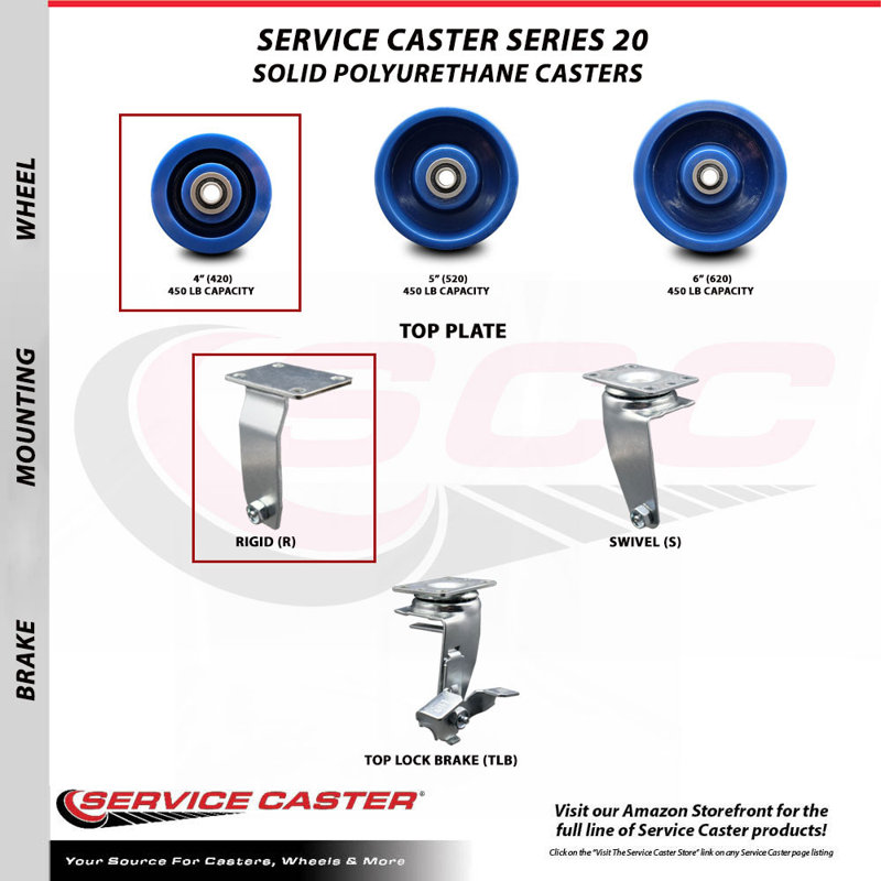 4 Piece Solid Polyurethane Caster Set with Ball Bearings 2 Swivel 2 Rigid