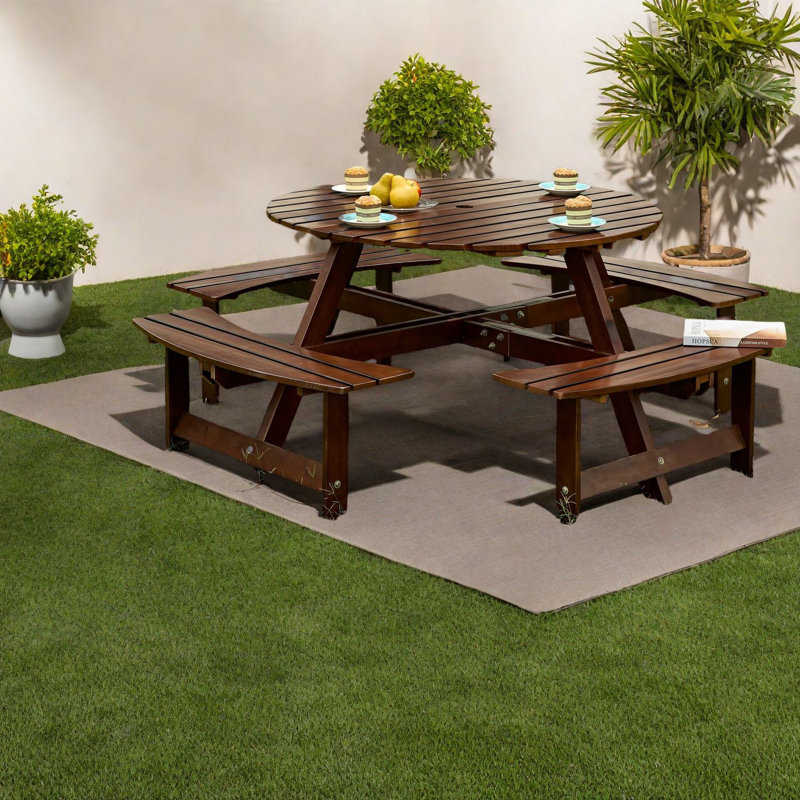 Durable 8-person Metal Wood Patio Dining Set, Rustic Round Design For Garden