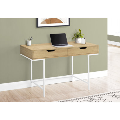 Contemporary Home Office Computer Table, 48" Long, Natural Laminate, 2 Drawers, White Metal Work Desk With Storage, 48"l, Construction, Modern And Functional Design
