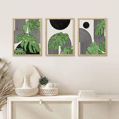 Mid Century Modern Boho IDEA4WALL Frame Geometric Monstera Leaf Wall Art, Set Of 3 Nature Wilderness Illustrations Wall Decor Prints Minimalist Wall Décor For Living Room, Bedroom 3 Pieces