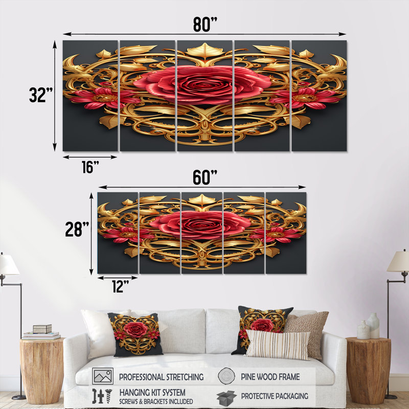Ornement décoratif rose rouge pour 5 pièces, H 32 po x l 80 po