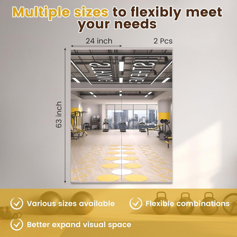 Full-Length Frameless Tempered Glass Yoga Mirrors with Mounting Kit for Home Gym, Yoga & Dance Studio, Set of 2/3, 63" x 24"