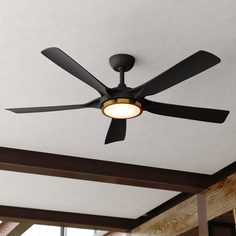  Cary 56 in. Matte Black and Satin Brass Indoor Rod Mount Ceiling Fan with Matte Black Blades, Integrated LED Light Kit and Remote Control Included, 6 Speed Energy Efficient DC Motor