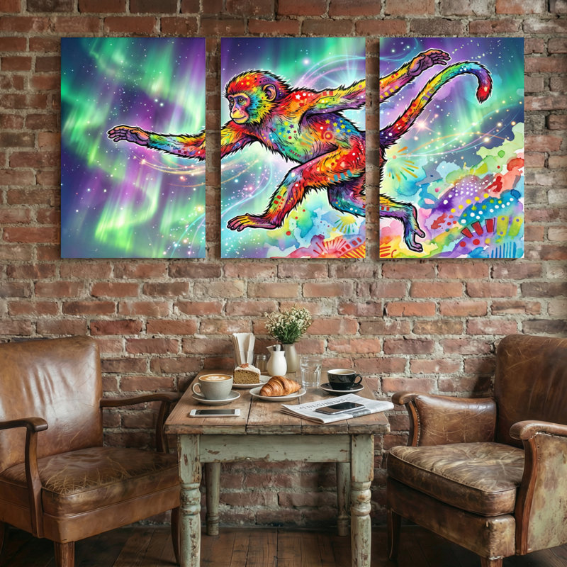 Animaux, singe coloré dans l'espace, ensemble de 3 impressions sur toile, fond aurore, H 36 po x l 72 po
