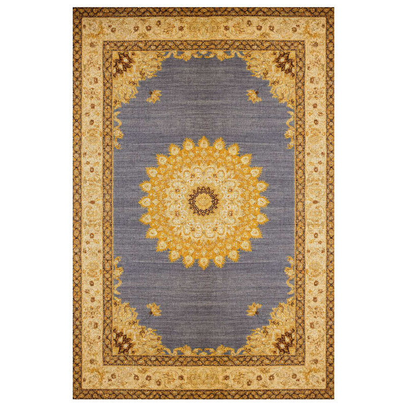 Girvin Yellow Gray Oriental Machine Printed Cotton Polyester Area Rug, Round 5'3"
