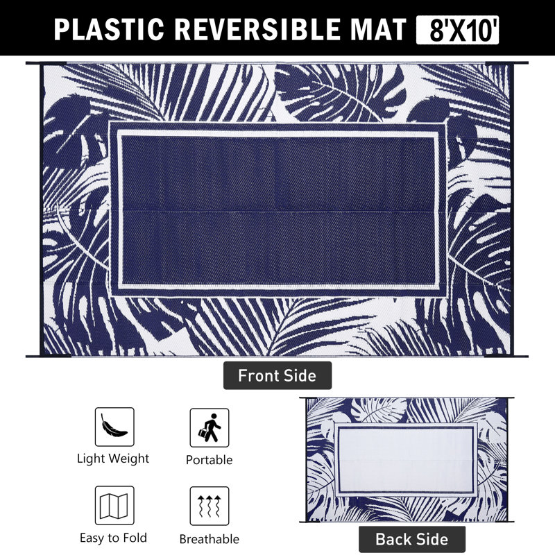 Geometric Border Reversible Outdoor Ellie In Navy Blue, Rectangle 8' x 10'