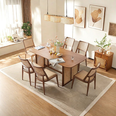 Ensemble de table de salle à manger en rotin et bois massif