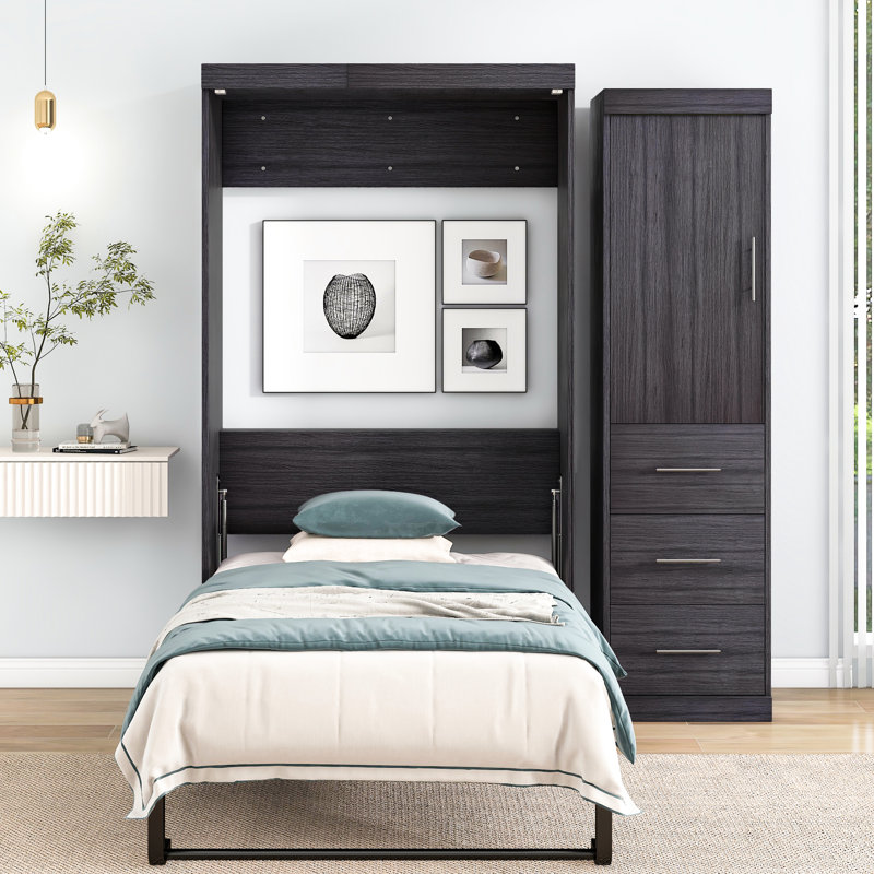 Lit simple avec armoire pliable grise, garde-robe et 3 grands tiroirs de rangement, Lit simple