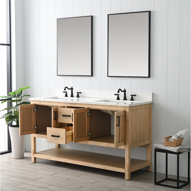 Meuble-lavabo double 60 po Marissa, Teck blanc